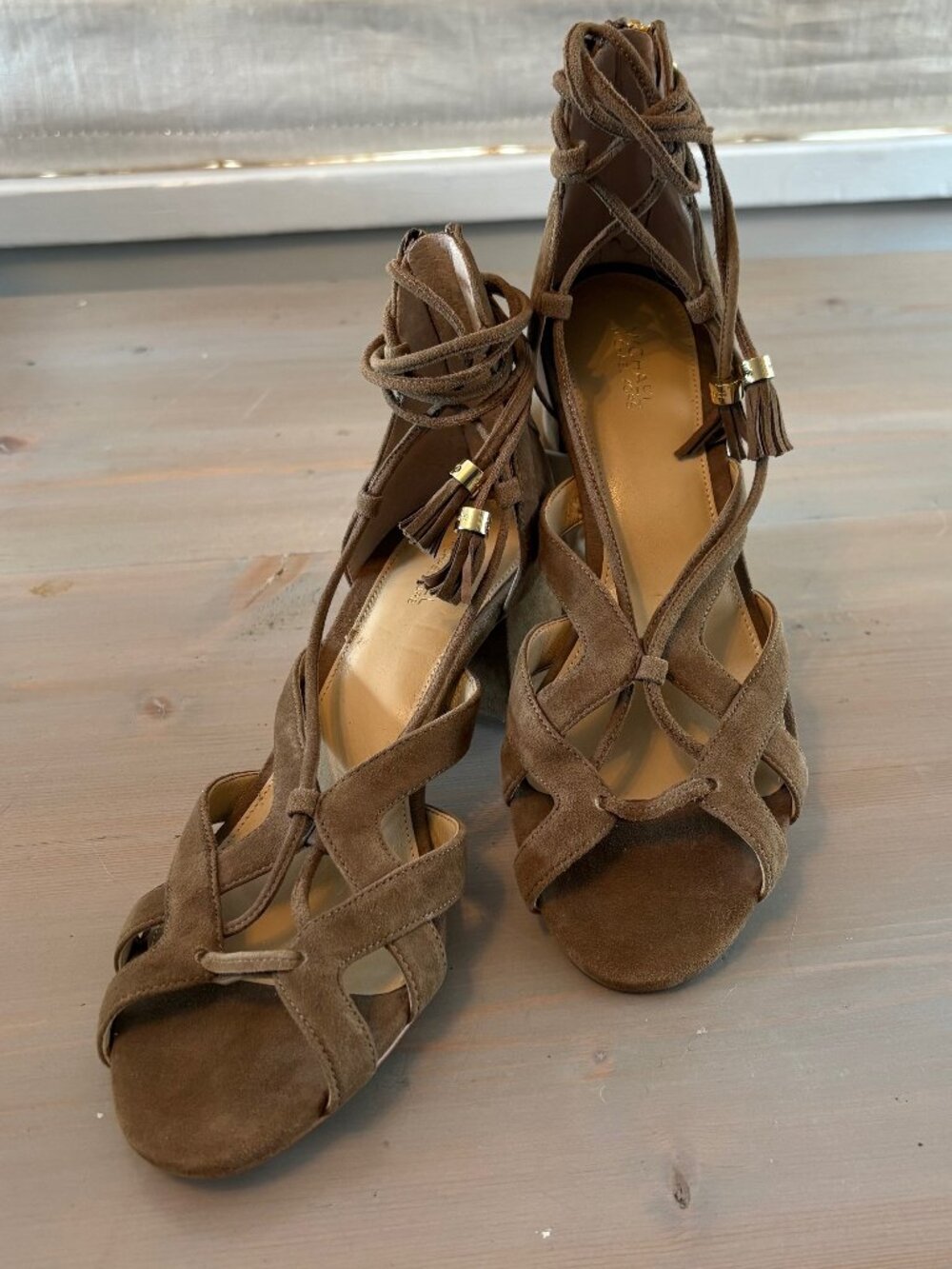 Michael Kors Mirabel Brown Suede Lace-Up Block Heel Sandals
